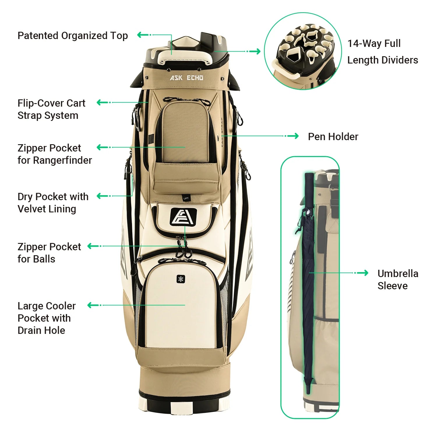 Ask Echo 2024 T-LOCK 14 Way Organizer Dividers Golf Quiet Cart Bag / Toasted Almond